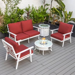 LeisureMod Walbrooke 4-Piece Modern White Patio Conversation Set with Slats Design Square Fire Pit & Tank Holder, Sectional Seat for Outdoor Spaces - 1 of 4