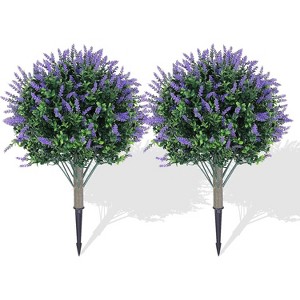 2Pcs Artificial Lavender Topiary Ball Trees,23"H UV Resistant Faux Boxwood Bushes with Ground Spike,Outdoor Fake Shrubs Evergreen Decorative Plant - 1 of 4