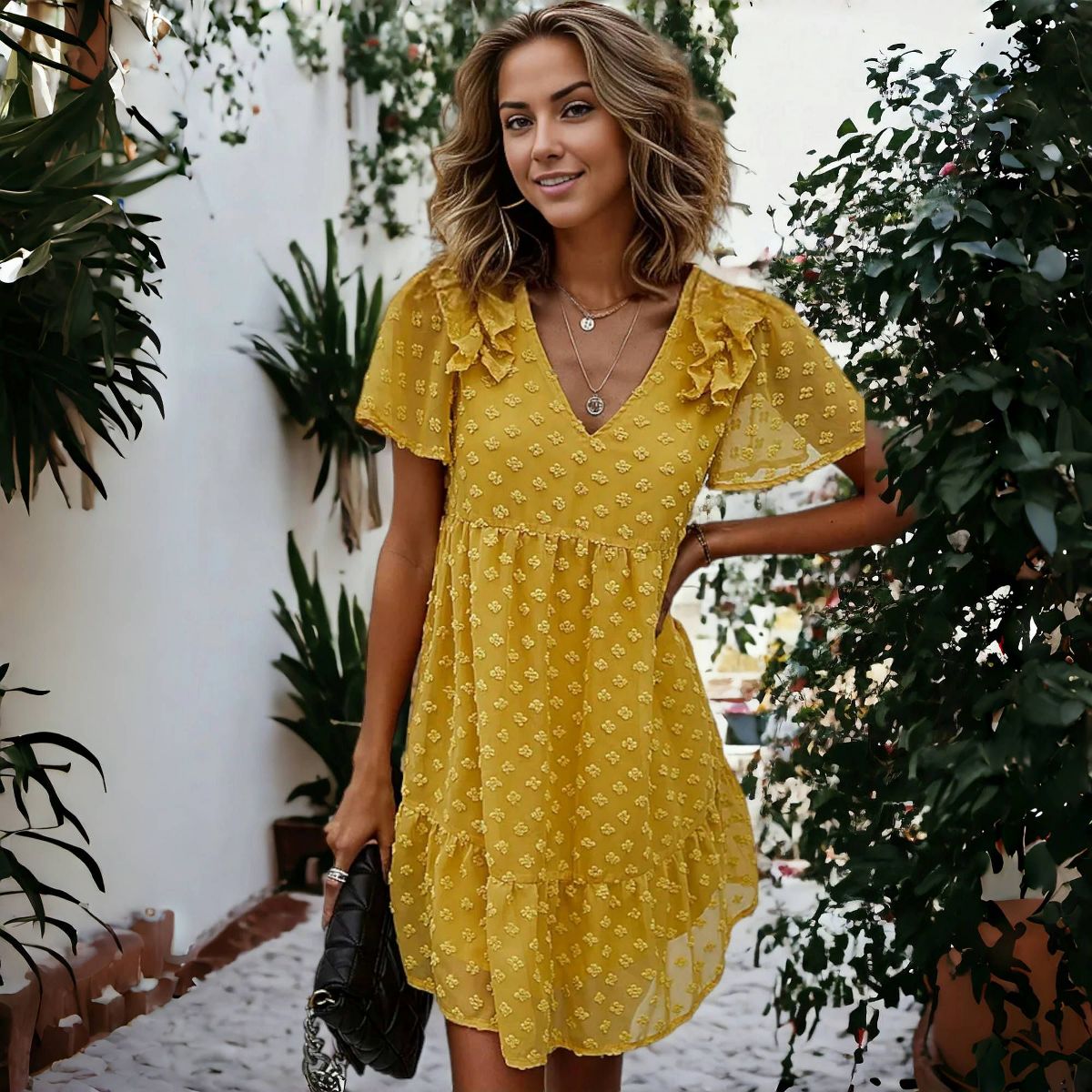 Anna-Kaci Women's Ruffle Sleeve Tiered Mini Dress with Textured Floral Pattern and V-Neckline - thumbnail 8