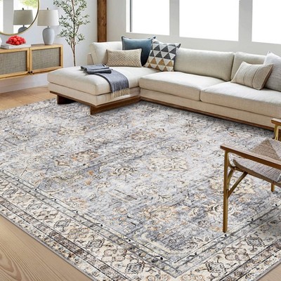 Oriental Machine Washable Rug with Rubber Backing for Living Room Non-Slip Dining Room Rug Easy-Cleaning Floor Carpet