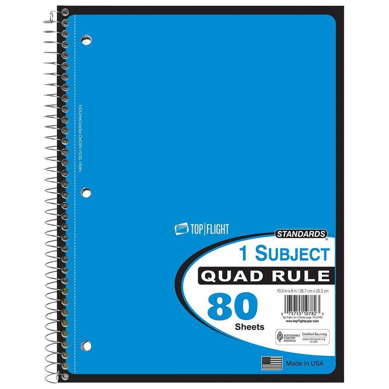 Top Flight 8&#34;x10.5&#34; 1 Subject Quad Ruled Spiral Notebook, 4 of 8