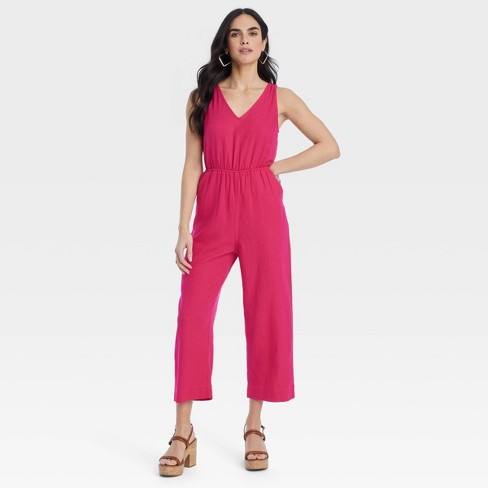 Linen Blend Belted Sleeveless Jumpsuit