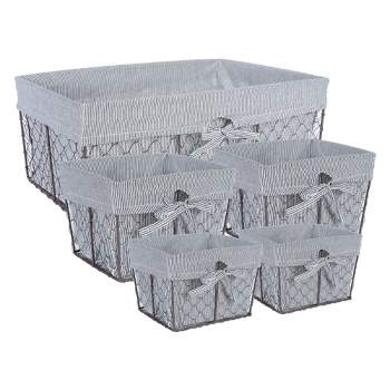 Design Imports Set of 5 Rustic Bronze Chicken Wire Ticking Stripe Liner Baskets Black/White