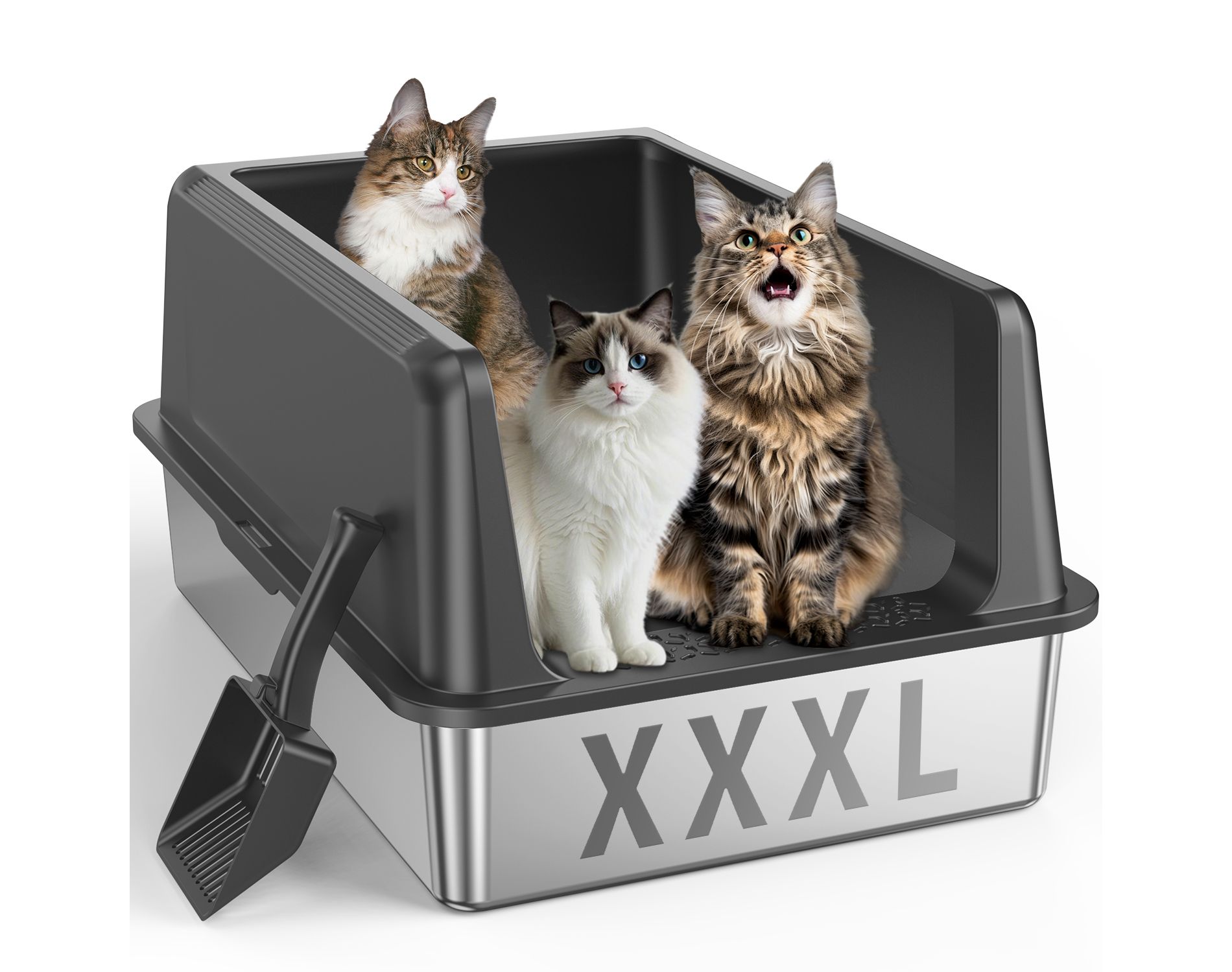 Extra Large Stainless Steel Litter Box with Lid, XXXL Cat Litter Boxes, Litter Box for Multiple Cats, Non-Sticky, Anti-Urine Leakage, Gray