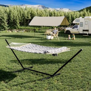 Nasitip 12FT 2-Person Hammock with Stand, 450LB Capacity Quilted Fabric Hammock with Pillow & Pocket, Gray/White Outdoor Lounger - 1 of 4