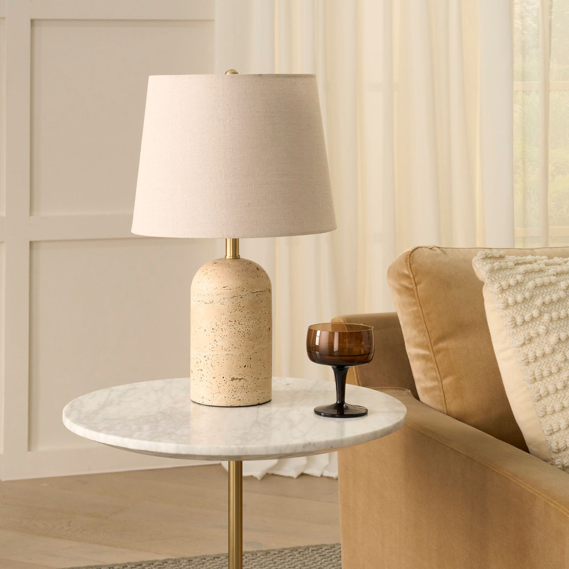 Nourison 18" Natural Travertine & Brass Accent Table Lamp