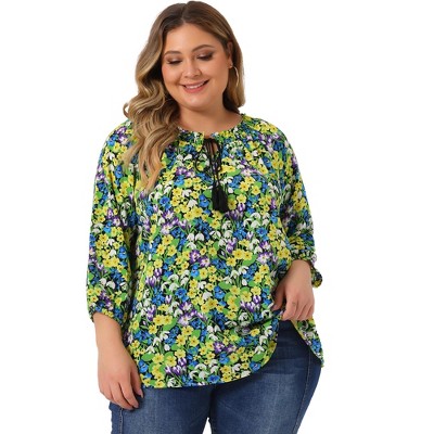 Agnes Orinda Women's Plus Size Floral Print Self Tie Neck 3/4 Sleeves Boho Blouses