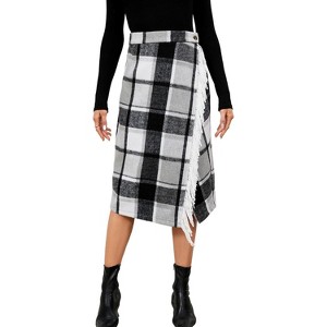 Women's Plaid Wool Midi Skirt - Fringed A-Line Wrap Style for Fall & Winter Grey - 1 of 4