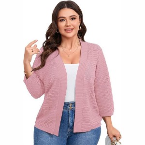 Clearlove Women's Plus Size 3/4 Sleeve Lightweight Knit Cardigan Open Front Lacy Summer Cover-Up Casual Boho Beach Wrap - 1 of 4