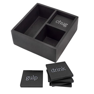 AuldHome Design Remote Control Caddy w/ Coasters, 6pc Set; Wood 3-Compartment Caddy w/ Coaster Set