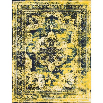 Navy Blue and Yellow Rectangular Synthetic Area Rug