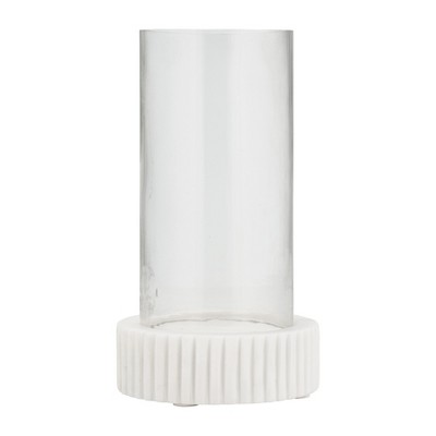 Modern Pillar Candle Holder with Glass Hurricane Cover Marble Base Elegant Tabletop Decor for Living Room Bedroom or Office - 11" White