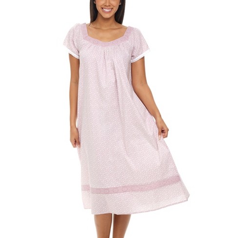 ADR Women's Cotton Victorian Nightgown, Maria Sleeveless Lace Trimmed  Button Up Short Night Dress White Floral on Mauve X Large