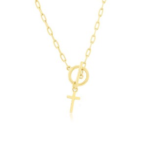 Bella Silver Sterling Silver Cross Charm Paperclip Toggle Necklace - Gold Plated - Gold - 16+2 Inch - 1 of 2