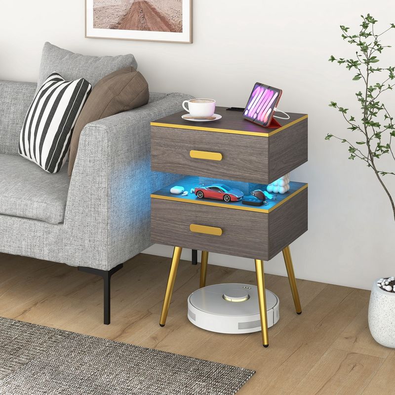 Costway 1/2 PCS Nightstand with Charging Station Bedside Sofa Side Tables with 2 Drawers Grey, 4 of 11