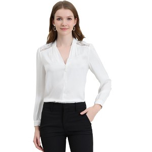 Allegra K Women's V Neck Lace Trim Casual Work Office Long Sleeve Blouse - 1 of 4