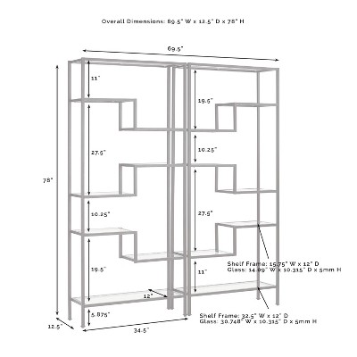Sloane 78" Gold and Black Steel Etagere Set with Glass Shelves