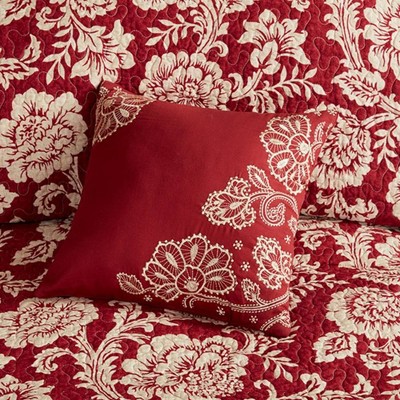 Red Cotton Twill Reversible Full Coverlet Set with Pillows