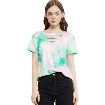 Anna-Kaci Women's Tie Dye Printed Stripe V-Neck Stretch Short Sleeve Casual Loose Tops T-shirts- Large ,Green