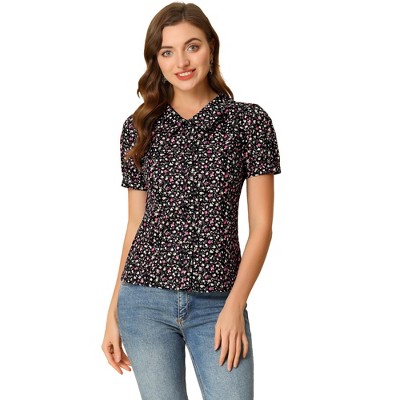 INSPIRE CHIC Women's Puff Short Sleeves Point Collar Button Down Floral Shirts