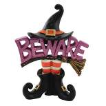 Halloween Witch Beware  -  One Figurine 7.25 Inches -  Broom Boots Hat  -  8Star370  -  Resin  -  Black