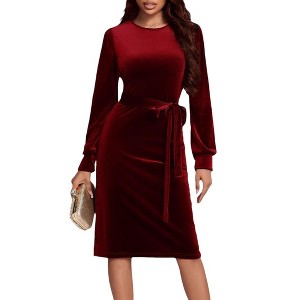 Coolmee Women's Velvet Cocktail Dress Fall Fashion Long Sleeve High Waist A Line Dress Velvet Wedding Guest Dress with Belt - 1 of 4