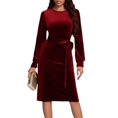 Coolmee Women's Velvet Cocktail Dress Fall Fashion Long Sleeve High Waist A  Line Dress Velvet Wedding Guest Dress with Belt Red S : Target