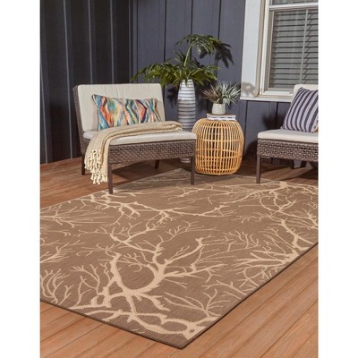Brown and Beige Rectangular Synthetic Outdoor Area Rug