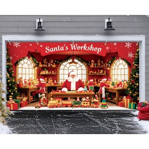 Santa's Workshop Garage Door Cover ，Christmas Holiday Decor with Ribbon Strings ，Santa & Elves Scene for Home, Church, Party Decorations Reusable - 1 of 4