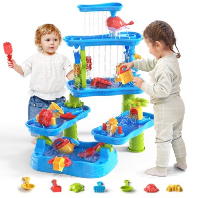 Skirfy Kids Water Table, 5-Tier Outdoor Water Play Sensory Table with Stools & Drainage Hole, Summer Backyard Beach Toys for Kids