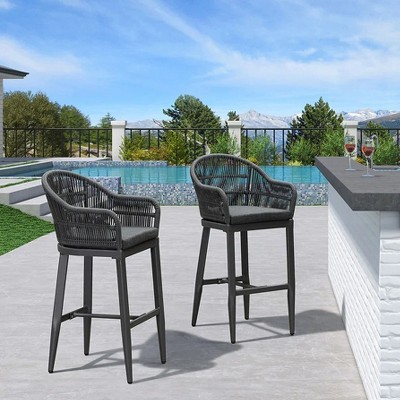 PURPLE LEAF Outdoor Counter Height Bar Stools Set of 2 Patio Metal Modern Wicker Rattan Bar Chairs Woven Aluminum Barstools with Back and Cushions