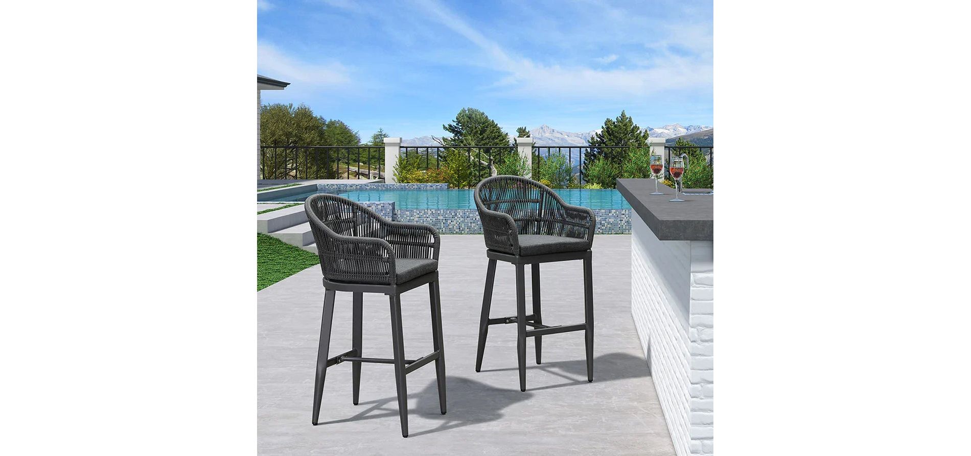 PURPLE LEAF Outdoor Counter Height Bar Stools Set of 2 Patio Metal Modern Wicker Rattan Bar Chairs Woven Aluminum Barstools with Back and Cushions