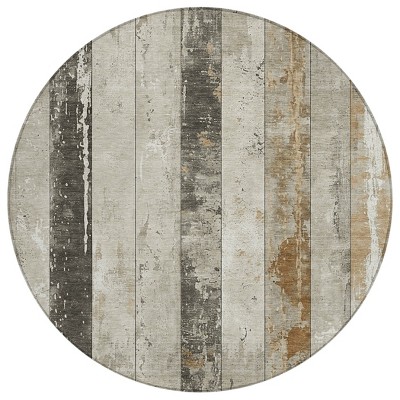 Beige And Charcoal Striped Washable Indoor Outdoor Area Rug
