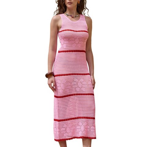 Женские платья INSPIRE CHIC Women's Crochet Cover Ups Striped Hollow Out Swimsuit Sleeveless Coverup Beach Dress Medium Pink Red