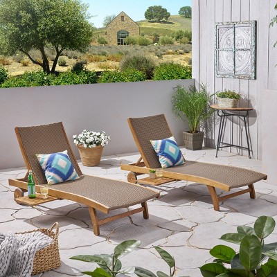 LOEHAVIT Chaise Lounge Outdoor Set of 2 with Pull-Out Tray Adjustable Reclining Chair Wheels Acacia Wood Frame PE Wicker Seat Modern Patio