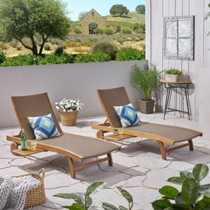 LOEHAVIT Chaise Lounge Outdoor Set of 2 with Pull-Out Tray Adjustable Reclining Chair Wheels Acacia Wood Frame PE Wicker Seat Modern Patio - 1 of 1