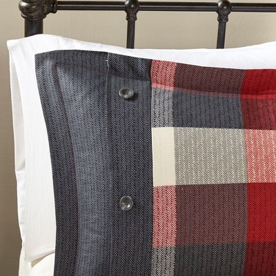 Queen Red and Gray Herringbone Plaid Comforter Set