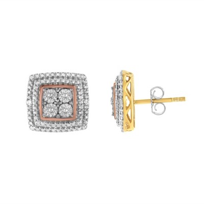 Haus of Brilliance Silver Diamond Accented Square Shaped Milgrain Stud Earrings