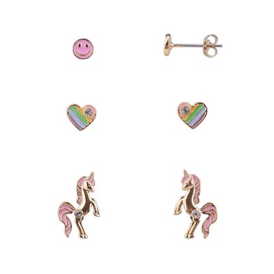 FAO Schwarz Gold Tone Unicorn and Heart Trio Earring Set