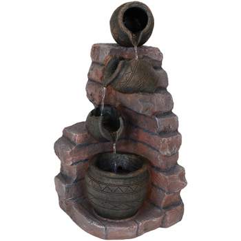 Sunnydaze Outdoor Polyresin Crumbling Bricks and Pots Solar Cascading Water Fountain with LED Lights and Battery Backup - 27"