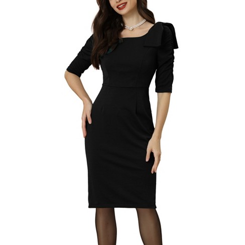 Allegra K Women's Business Casual Square Neck 3/4 Sleeve Bow Ruffle Bodycon Dress  Black X-large : Target