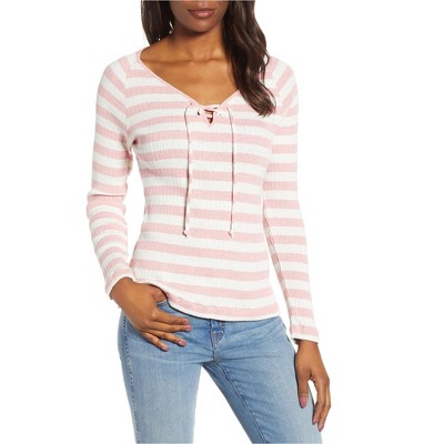 Lucky Brand Womens Lace-Up Neck Pullover Blouse, Pink, X-Small
