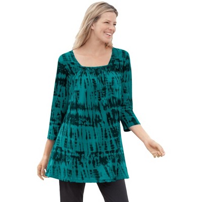 Woman Within Plus Size Tie-Dye Smocked Square-Neck Tunic