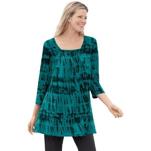 Woman Within Plus Size Tie-Dye Smocked Square-Neck Tunic - 1 of 4