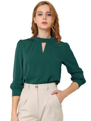 INSPIRE CHIC Women's Office Keyhole Elegant Stand Collar Long Sleeve Back Neck Button Blouse