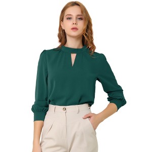 INSPIRE CHIC Women's Office Keyhole Elegant Stand Collar Long Sleeve Back Neck Button Blouse - 1 of 4