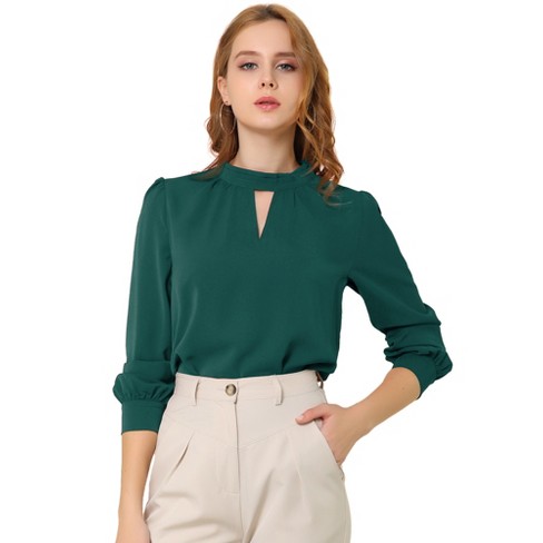 Allegra K Women's Office Keyhole Elegant Stand Collar Long Sleeve Chiffon  Blouses Deep Green Large