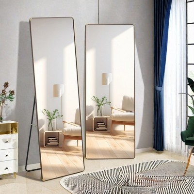 FURNIinspire Full Length Mirrors Floor Standing Wall Mirror, Bedroom Foyer, Clothing Store, Wall Mounted Mirror, Square Light Brown, 23.2"*0.57"*65"