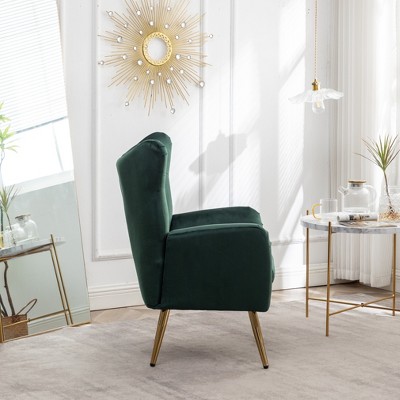 Green Velvet Button-Tufted Wing Back Accent Chair with Wood Legs