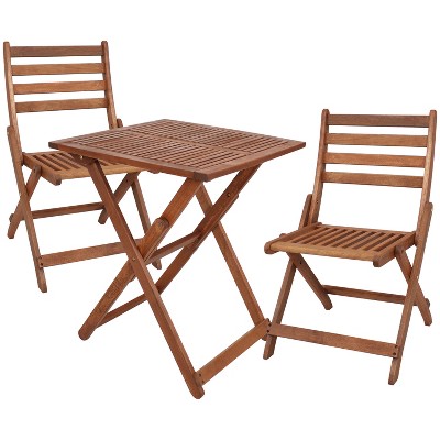 Sunnydaze 3-Piece Meranti Wood with Teak Oil Finish Square Folding Bistro Table and Chairs Set - Lightweight Outdoor Dining - Patio, Deck, or Balcony